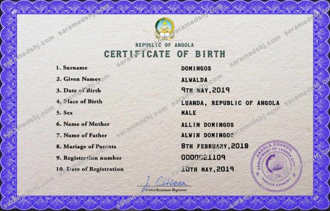Angola vital record birth certificate PSD template